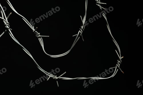Preview: Metal barbed wire on black background, closeup