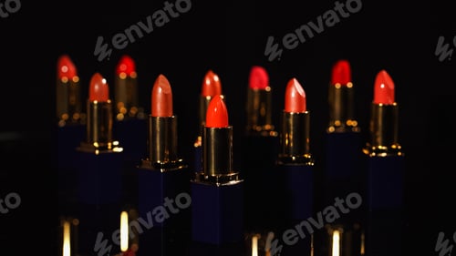 Preview: Close up view of bright red lipsticks on black background