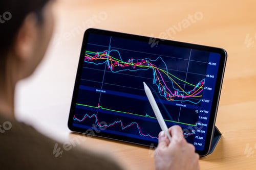 Preview: Back rear of woman study on the stock market graph on digital tablet computer