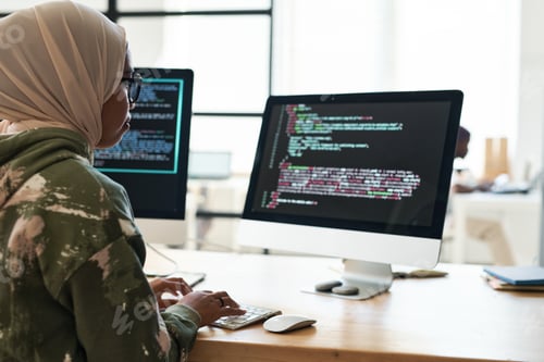Preview: Young Muslim businesswoman looking at code on screen of computer