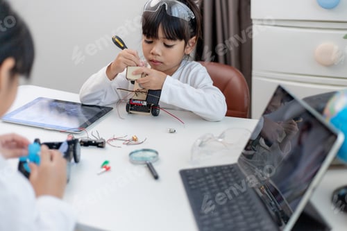 Preview: Asia students learn at home in coding robot cars and electronic board cables in STEM, STEAM,