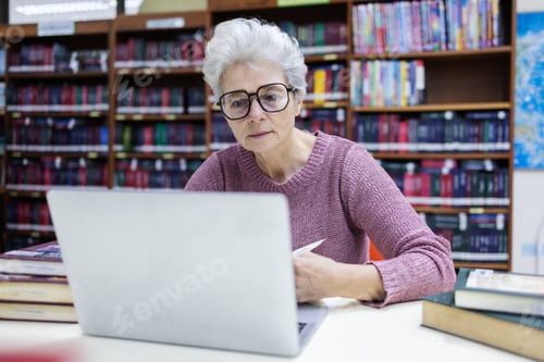 Preview: An elderly woman with gray hair and glasses works on a laptop in a library.