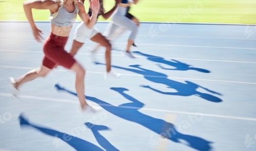 Preview: Sports, race and running on track together with athletes in outdoor stadium. Fitness, exercise and