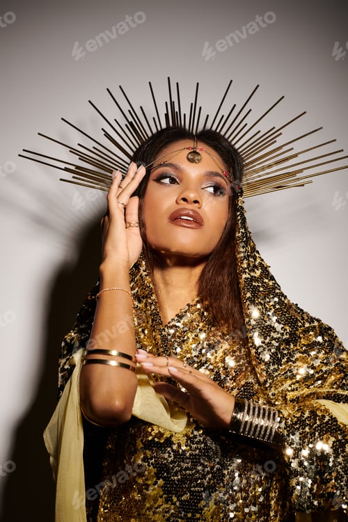 Preview: A radiant Black goddess in a shimmering golden dress, captured in a studio