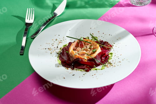 Preview: Baked salmon with beets and spices in a white plate