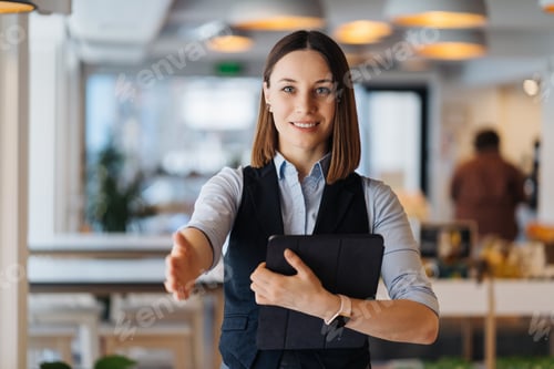 Preview: Female employer holding digital tablet while looking forward to meeting with partners
