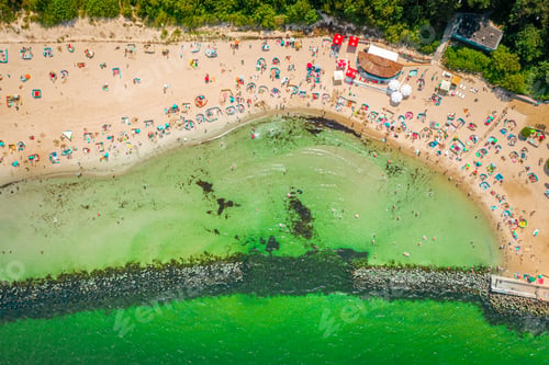 Preview: Beach with people on Baltic Sea, Darlowko, aerial view