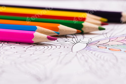 Preview: Multi-colored pencils and coloring book for adults