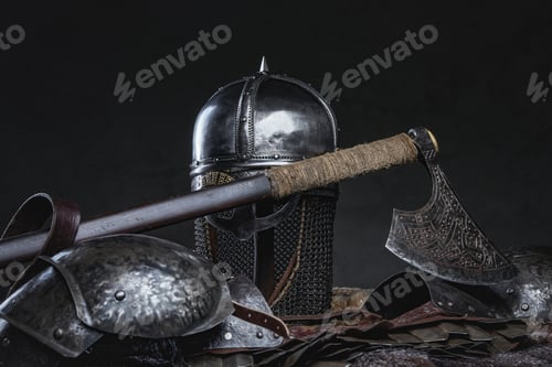 Preview: Medieval suit of armor of knight against dark background