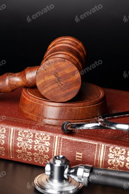 Preview: Wooden gavel and juridical books close up