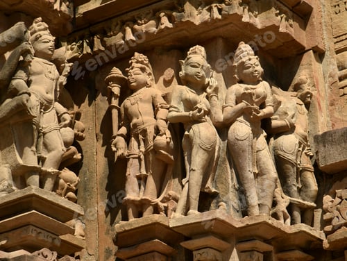 Preview: Stone carving sculptures on Khajuraho Temple, a UNESCO world Heritage site, India.