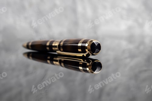 Preview: Fountain pen on a gray marble background. Boxed and unboxed. Selective focus.