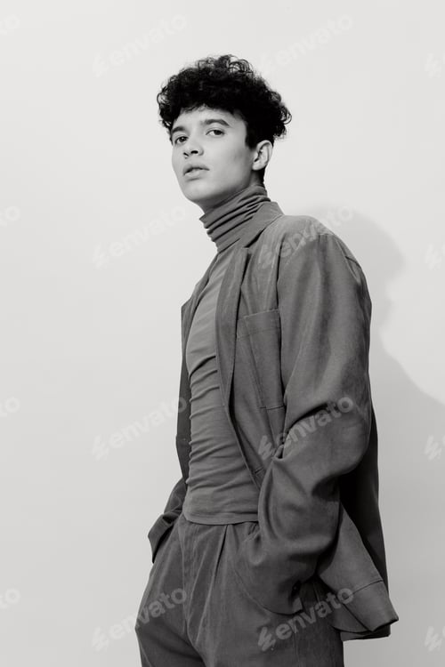 Preview: Man model black young white style handsome trendy fashion studio clothing elegance pose and adult