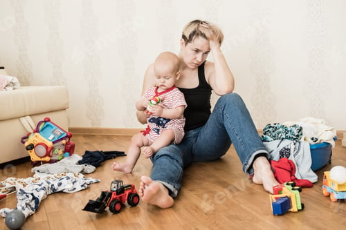 Preview: Mom tired to tidy up the house. Child scattered toys. Children's room. Mess in the house