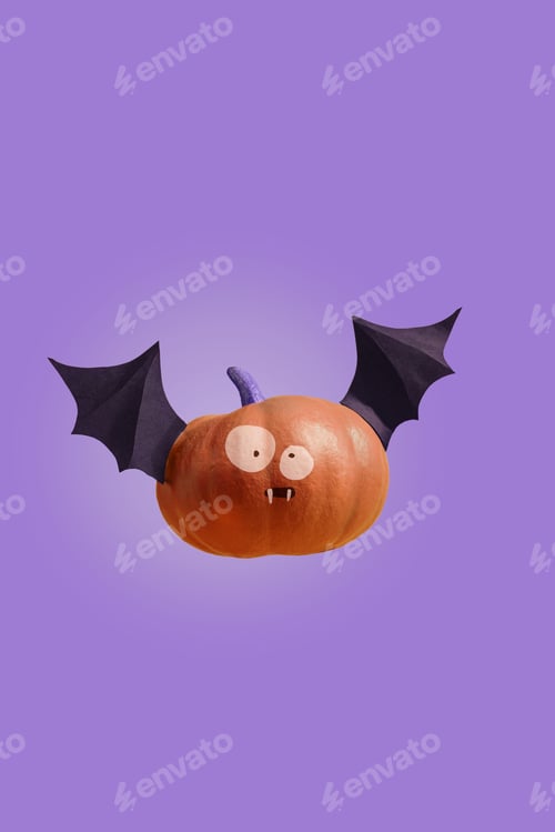 Preview: Happy Halloween, Funny pumpkin bat with frightening eyes lettering Boo, purple background