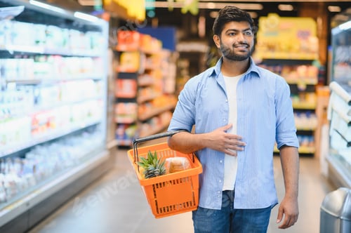 Preview: Indian man grocery shopping in supermarket with basket