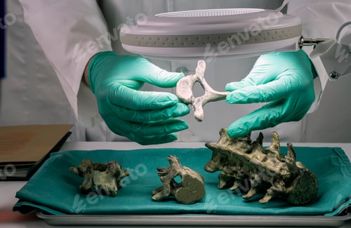 Preview: Forensic scientist examines victim's vertebrae to extract DNA, forensic lab, conceptual image