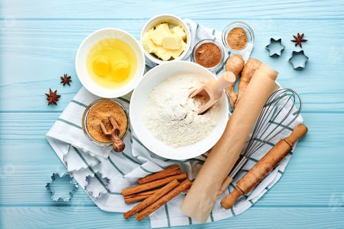 Preview: Baking background with ingredients for making gingerbread flour, eggs, kitchen tools, utensils and c