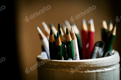 Preview: A pot of sharpened coloured lead pencils.