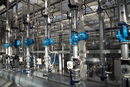 Preview: Heating and water supply system for hothouse. Pipes with manometer regulating temperature, pressure