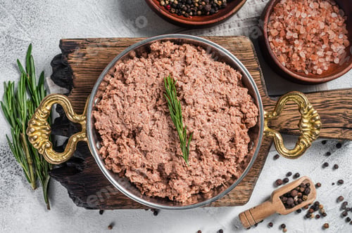 Preview: Uncooked vegan mince meat, raw plant based meat with thyme in skillet. White background. Top view