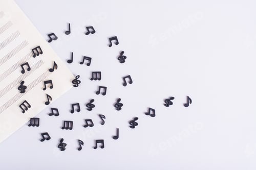 Preview: Music sheet and spiral of black musical notes on a light background top view