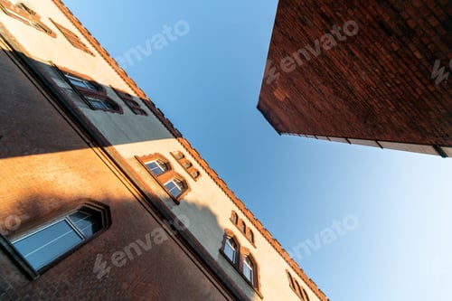 Preview: Old barracks building and boiler room pipe, perspective bottom view