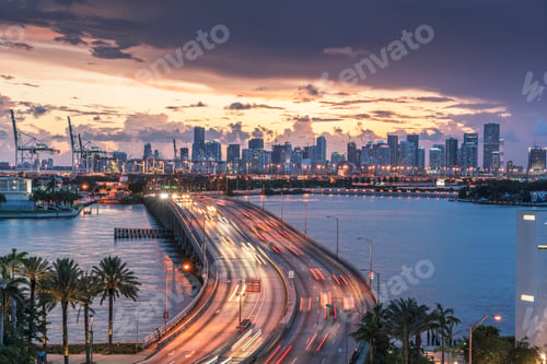 Preview: Miami skyline at dusk, traffic on MacArthur causeway, Florida, USA