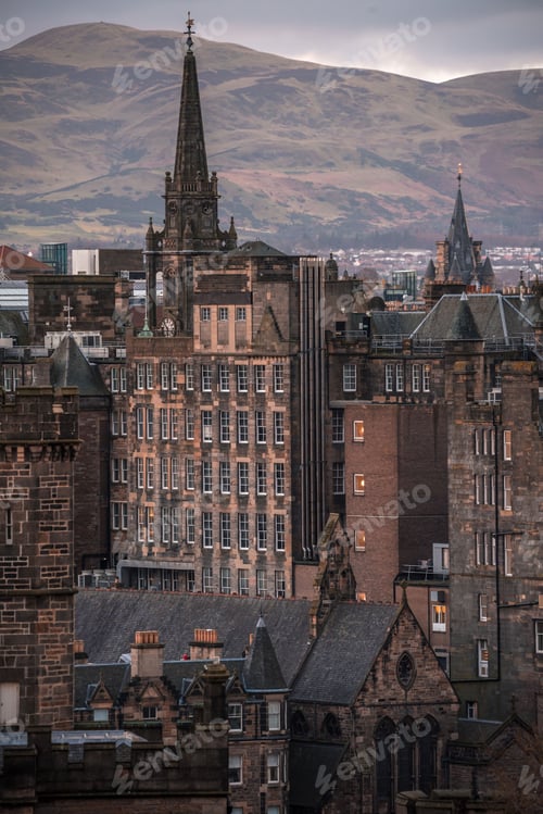 Preview: Vertical shot of old gothic buildings in downtown Edinburgh, Scotland