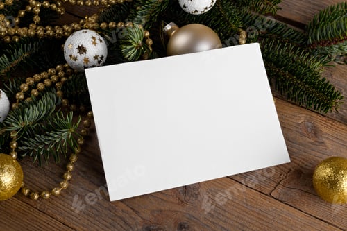 Preview: Christmas 7x5 card mockup template on natural fir twigs on wooden background