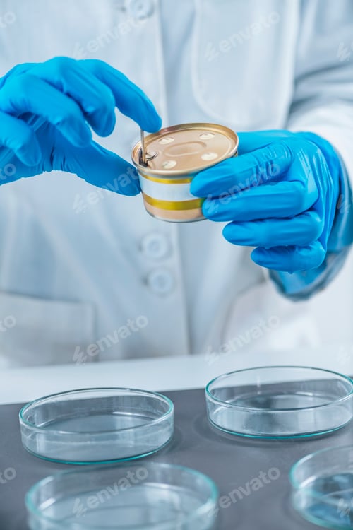 Preview: Microbiologist Preparing Sample of Canned Pet Food for Quality Control Test in Laboratory