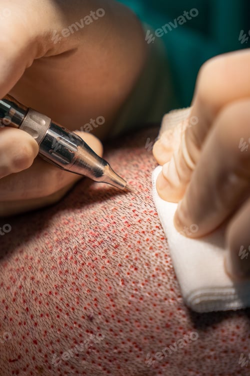 Preview: Close up of hair surgeon hands extracting follicles with a circular scalpel called a punch.