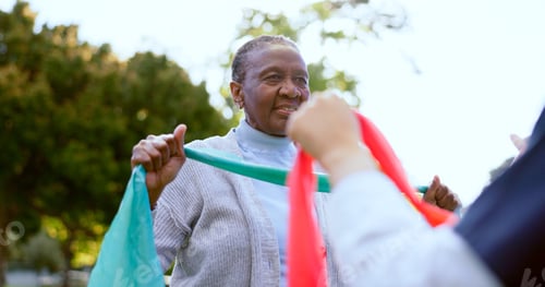 Preview: Senior woman, stretching band or nurse outdoor for exercise, workout or fitness in a park and happi