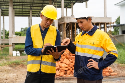 Preview: Two male architects wearing hard hats safety vests discuss construction design.collaborating