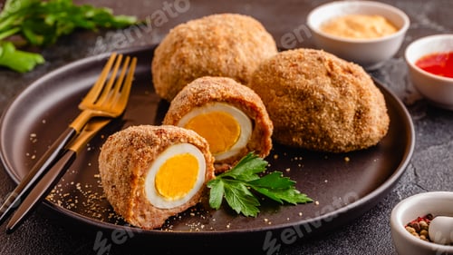 Preview: Traditional Scotch Eggs on a black plate.