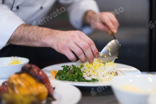 Preview: Chef hands serving vegetable risotto
