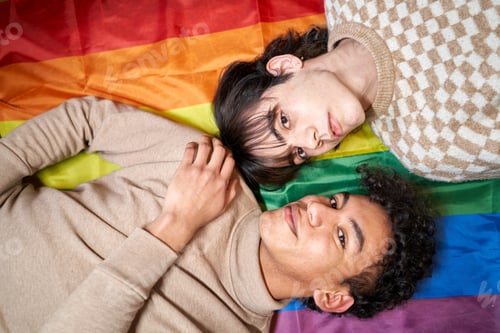 Preview: Happy gay couple with LGBT rainbow flag at home