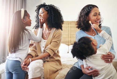 Preview: Family, grandmother and mom with girls, makeup and in bedroom with smile, playful and quality time.