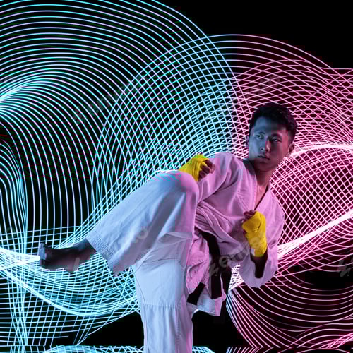 Preview: Creative sport and neon waves on dark neon lighted line background