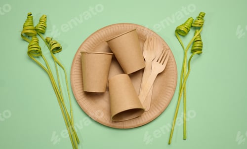 Preview: Paper cups and wooden forks on a large craft plate, long green decorative branches