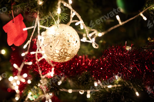 Preview: Christmas Ball On Christmas Tree with lights in a background