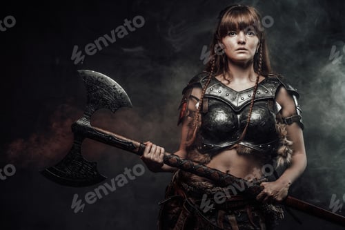 Preview: Fashion of nordic amazon with two handed axe in foggy background