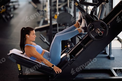 Preview: Young sportswoman working out on leg press machine in health club.