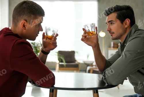 Preview: Young men drinking whiskey together at home
