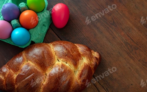 Preview: Easter eggs and tsoureki braid, greek easter sweet bread, on wooden background