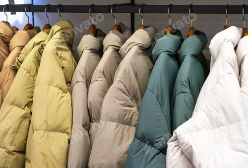 Preview: Multicolored winter down jackets hanging on hangers in the store close-up, side view.