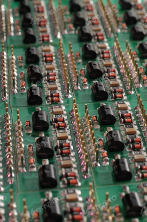 Preview: Close-up side view of a PCB board with SMD components
