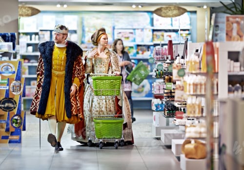 Preview: What say ye to this brand, my lady. A king and queen browsing in a supermarket.
