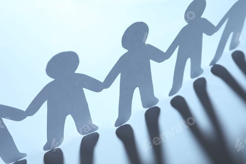 Preview: Paper people holding hands on light background. Unity concept