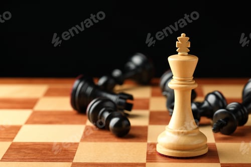 Preview: Chessboard with game pieces on black background, closeup. Space for text